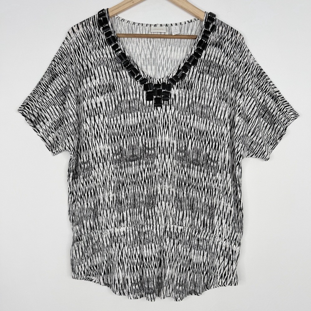 chico's black print blouse with jeweled neckline‎ dark Elastic Waist SZ-1 Rayon